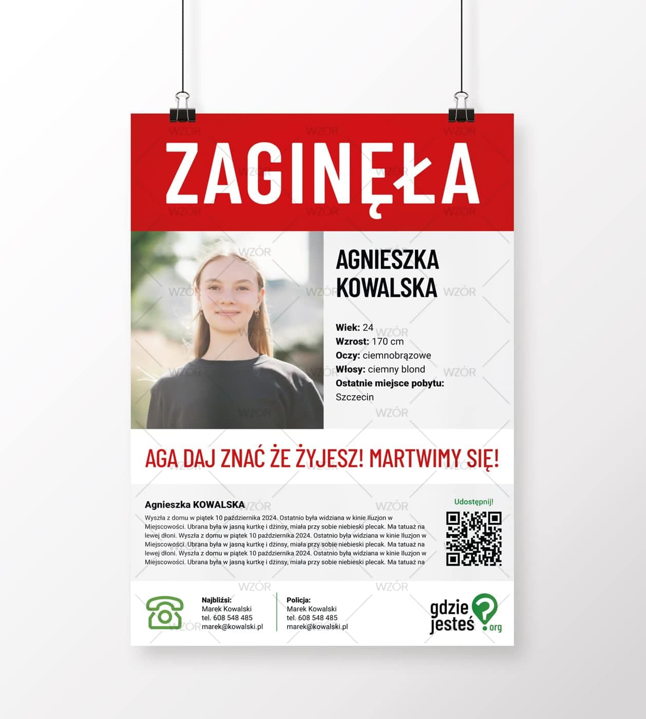 Przekazujemy narzędzie wspierające rodziny w trudnej sytuacji zaginięcia bliskiej osoby. To darmowy generator plakatów www.plakat.gdziejestes.org . Zaprojektowany z myślą o osobach, które potrzebują szybko przygotować czytelny i profesjonalny plakat.